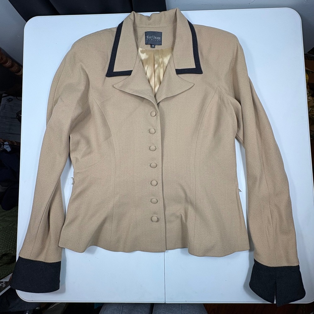 Kay Unger 100% Wool Blazer Jacket‎ Womens 14 Camel Black Trim Career Chic